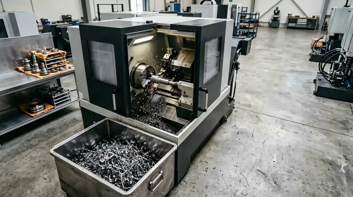CNC turning lathe in operation with chip bin in foreground